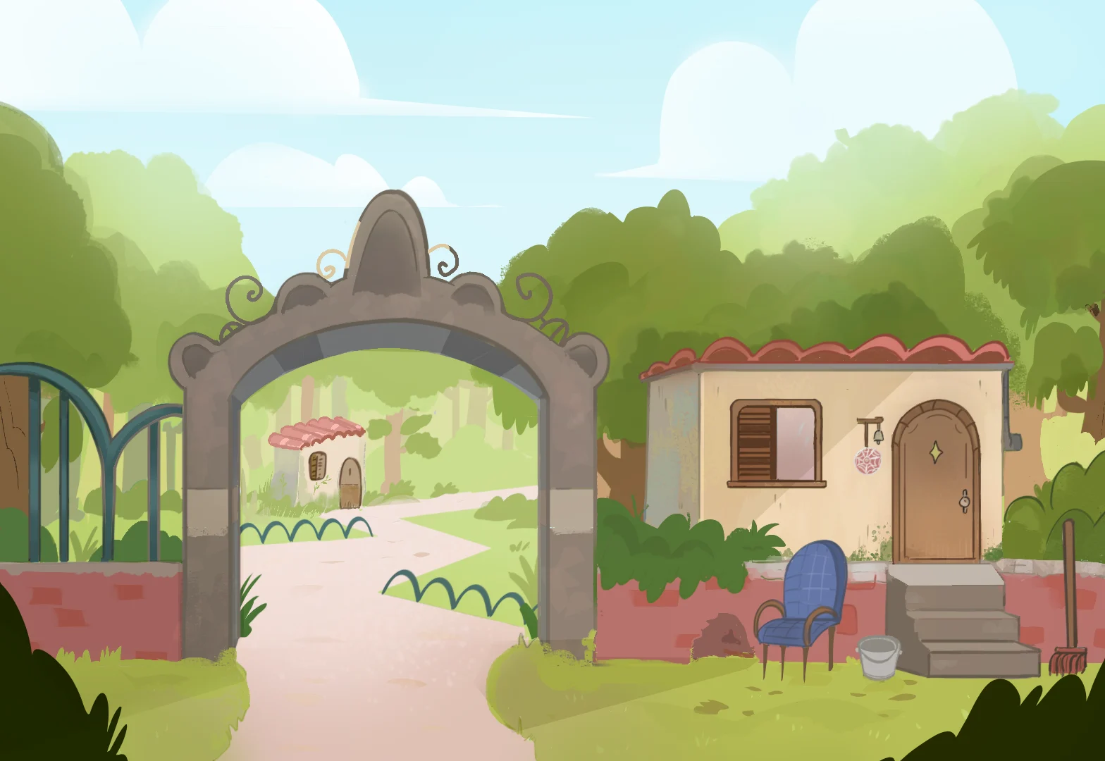 Fachada de uma casa de vila com telhado de telhas vermelhas e cadeira azul no gramado, ao lado de um portal de pedra em arco que abre para o caminho de terra.